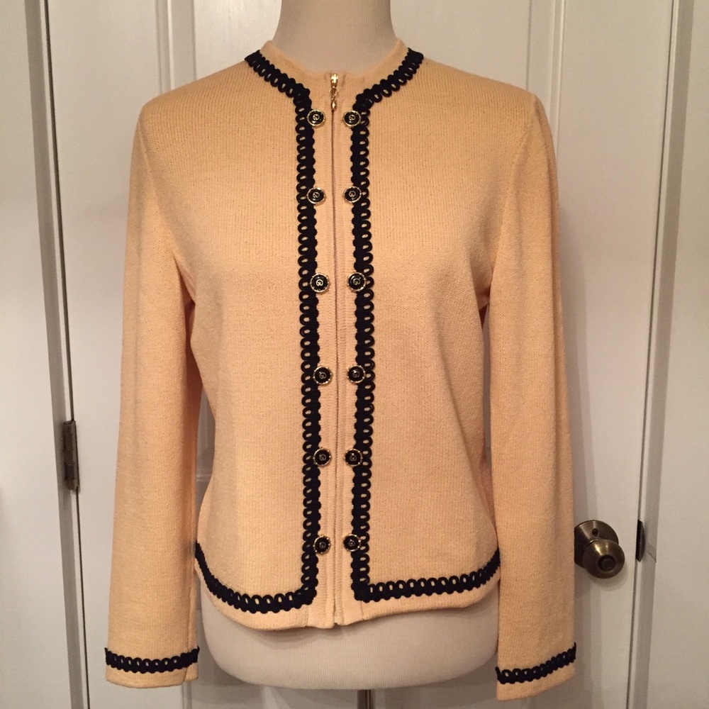 ST. JOHN JACKET COAT ZIP FRONT PALE YELLOW BLACK SIZE 6